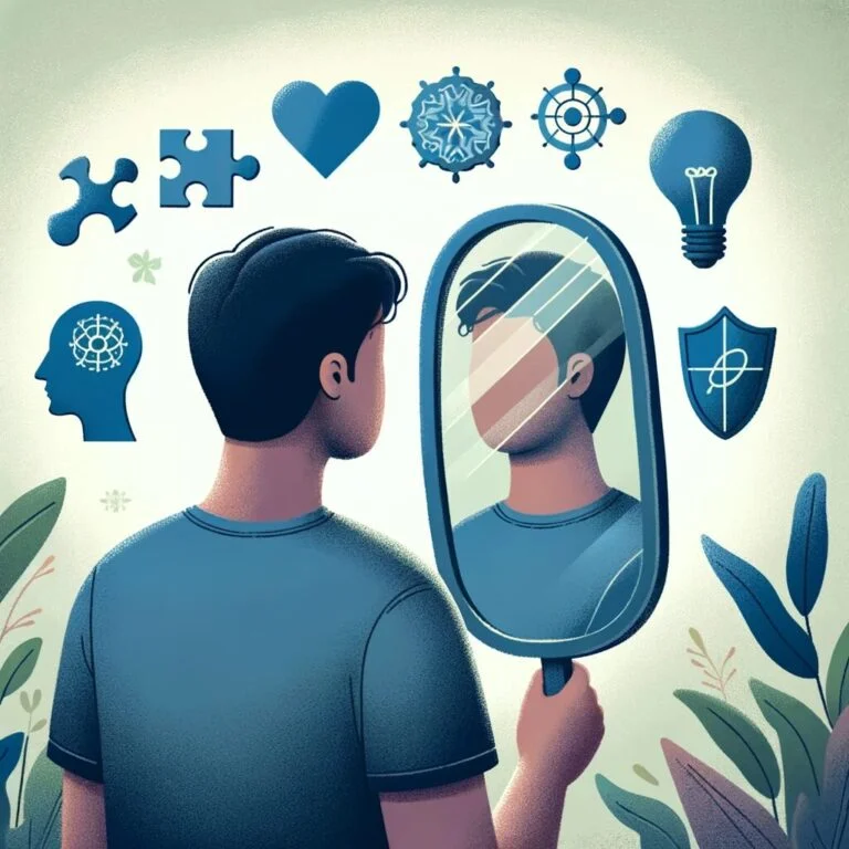 Hombre reflejado con iconos de ideas y sentimientos.