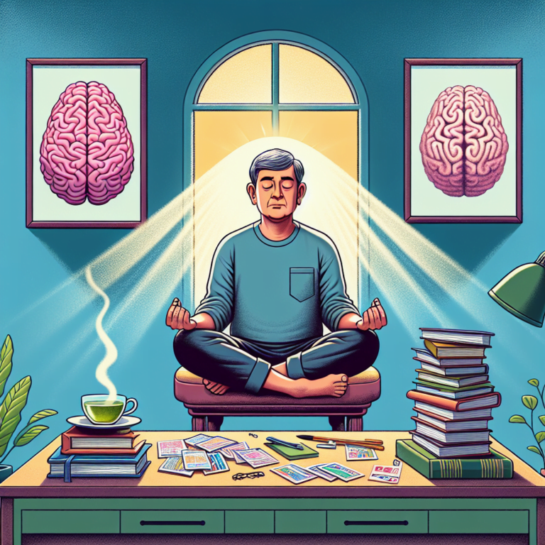 Hombre meditando entre libros y cuadros cerebrales.