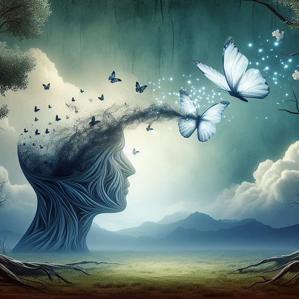 Perfil mujer naturaleza y mariposas volando.