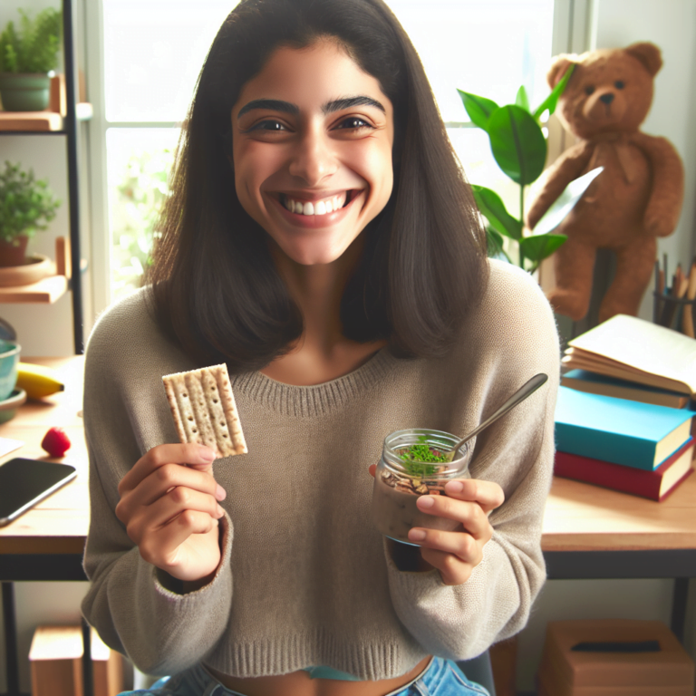 Mujer sonriente con galleta y batido.