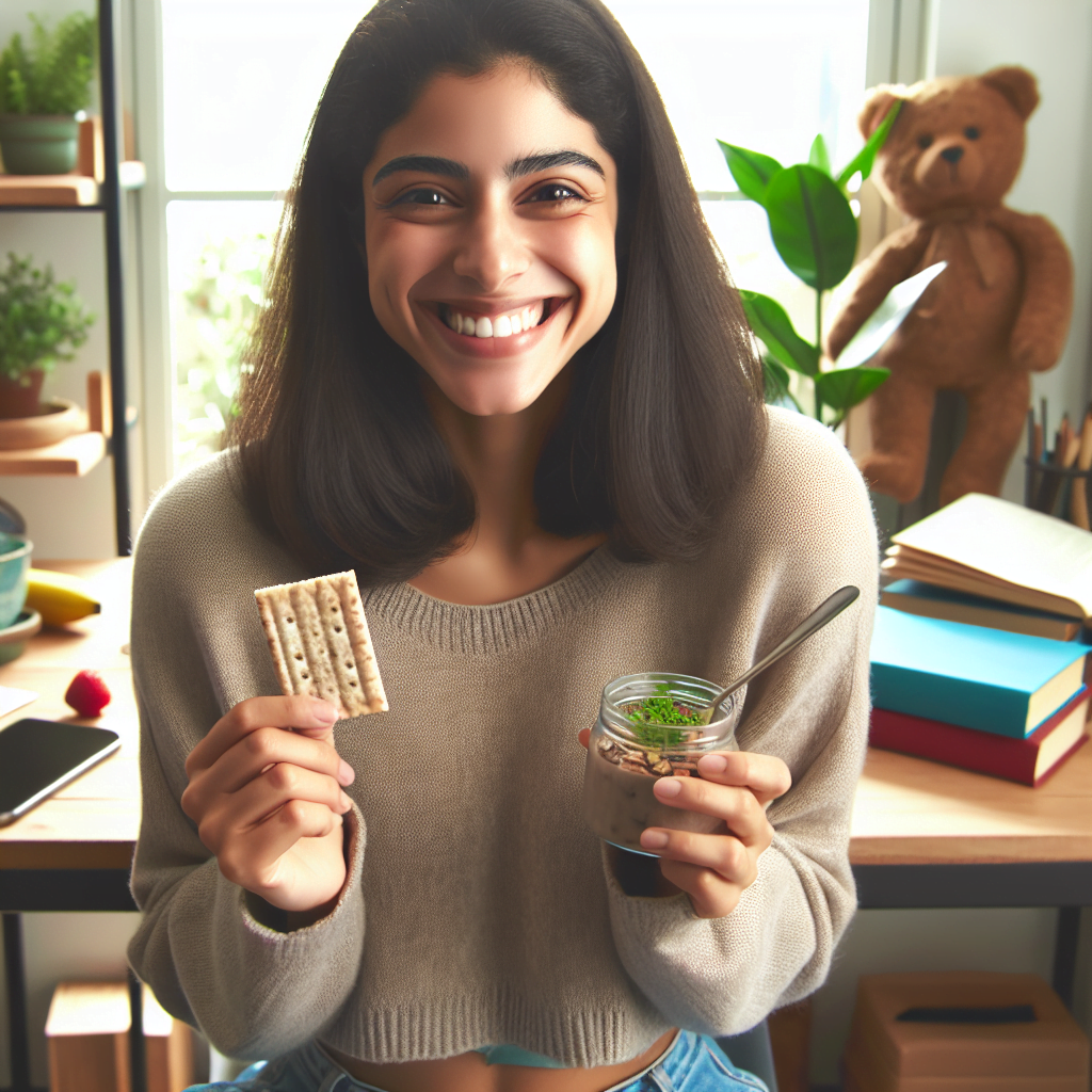 Mujer sonriente con galleta y batido.