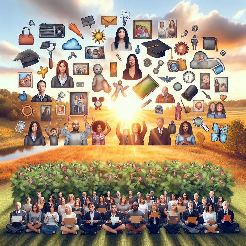 Grupo diverso de personas con íconos flotantes.