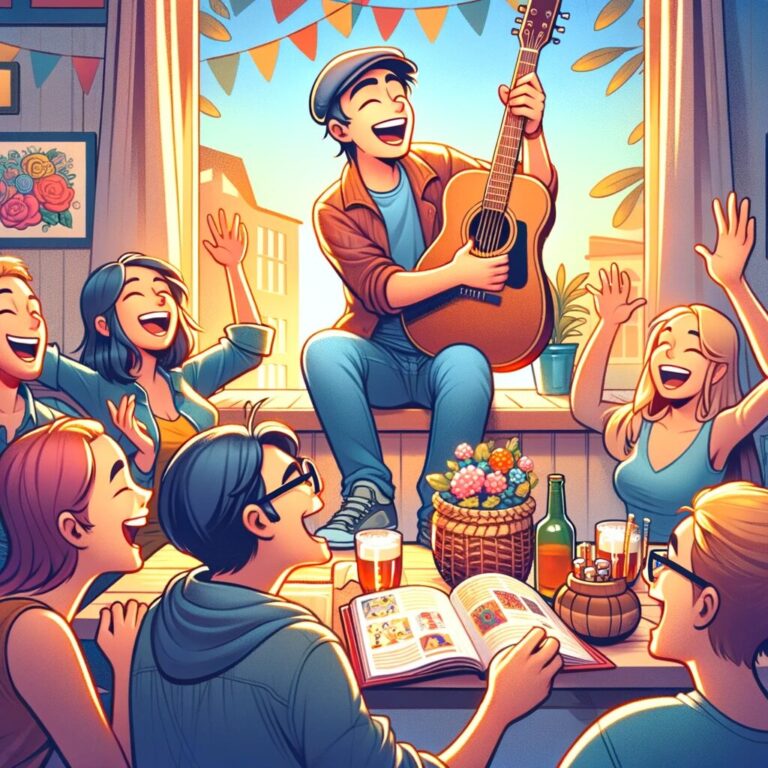 Amigos disfrutando música y comida juntos.