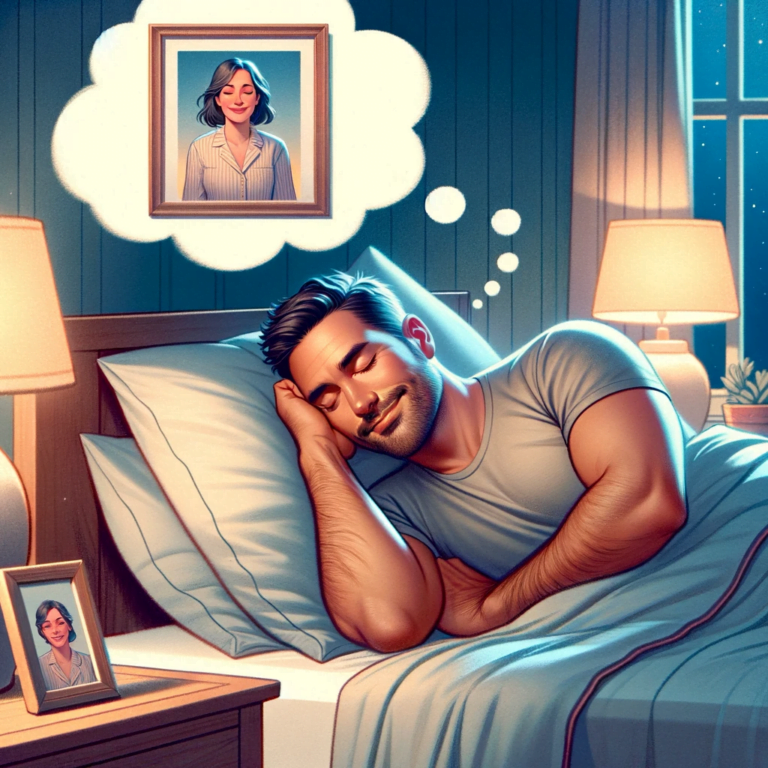 Hombre soñando con mujer, durmiendo pacíficamente.