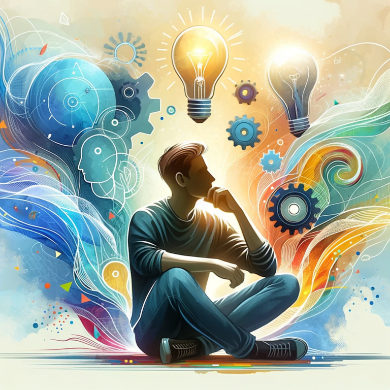 Hombre reflexionando con íconos de creatividad e innovación.