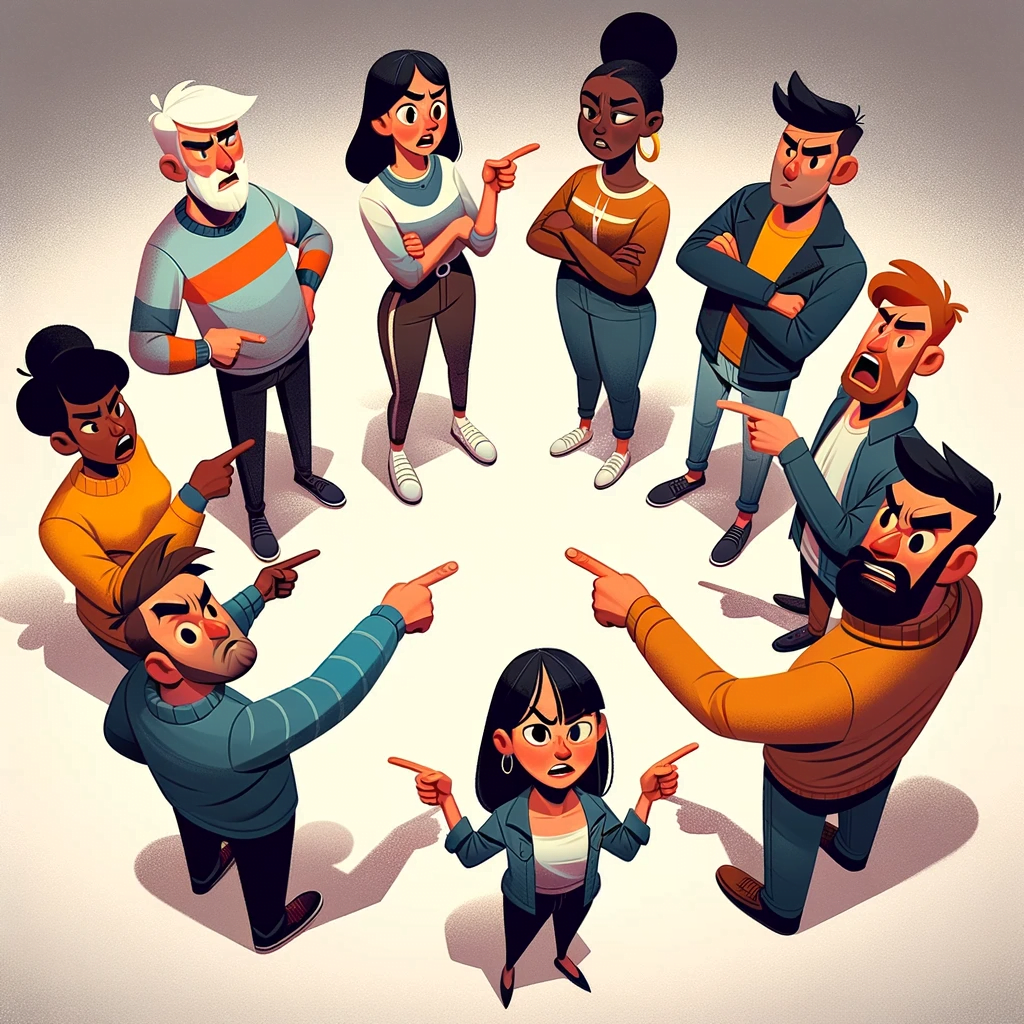 Ilustración de personas señalándose en círculo.