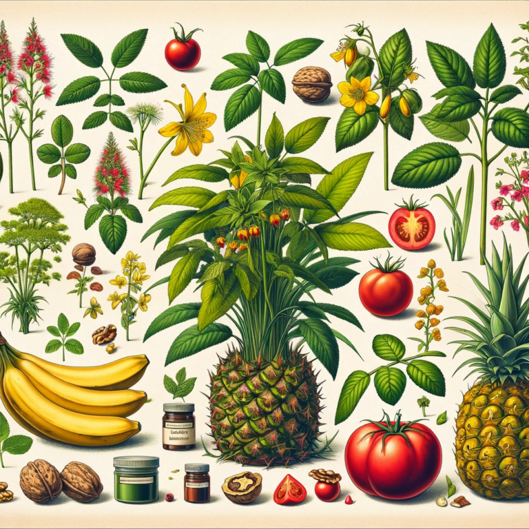 Ilustración botánica de frutas y plantas.
