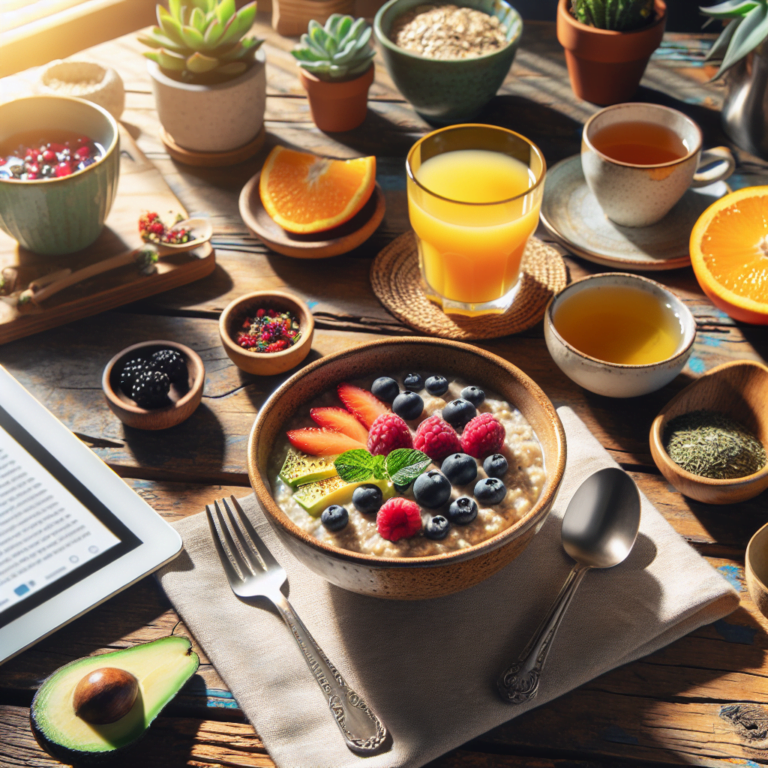 Desayuno saludable con frutas y avena.