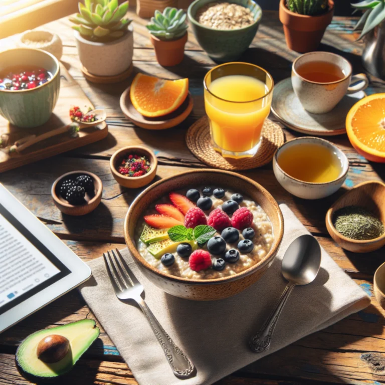 Desayuno saludable con frutas y avena.