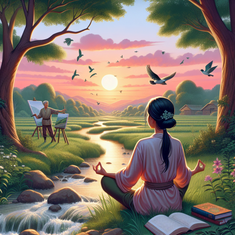 Pintor y mujer meditando en paisaje bucólico.