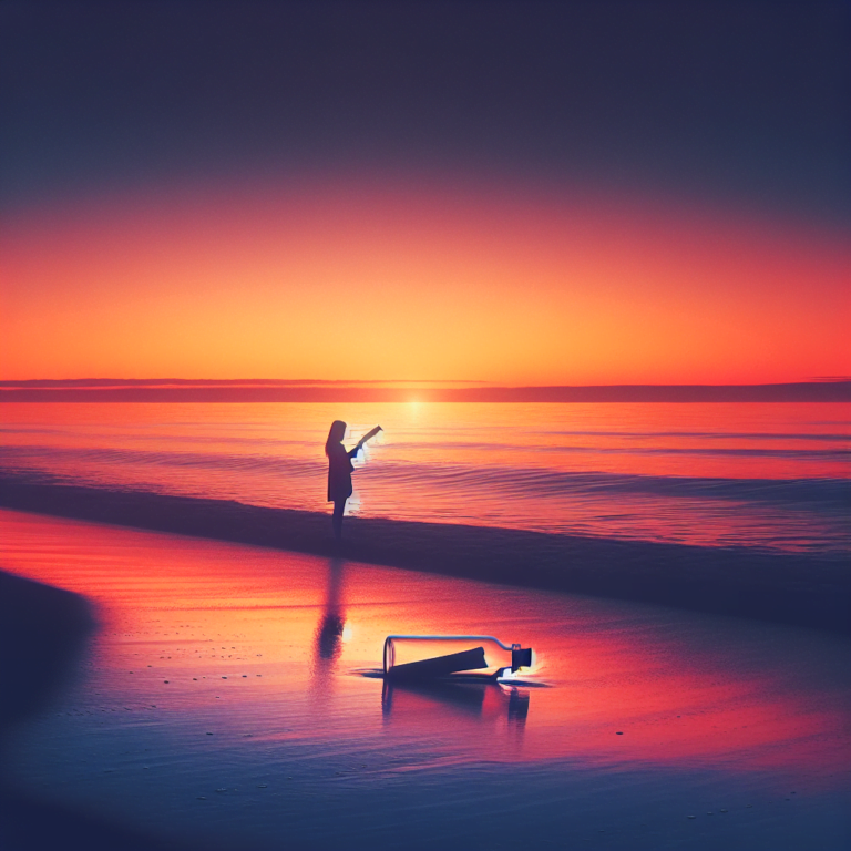 Atardecer con persona en playa y maleta.