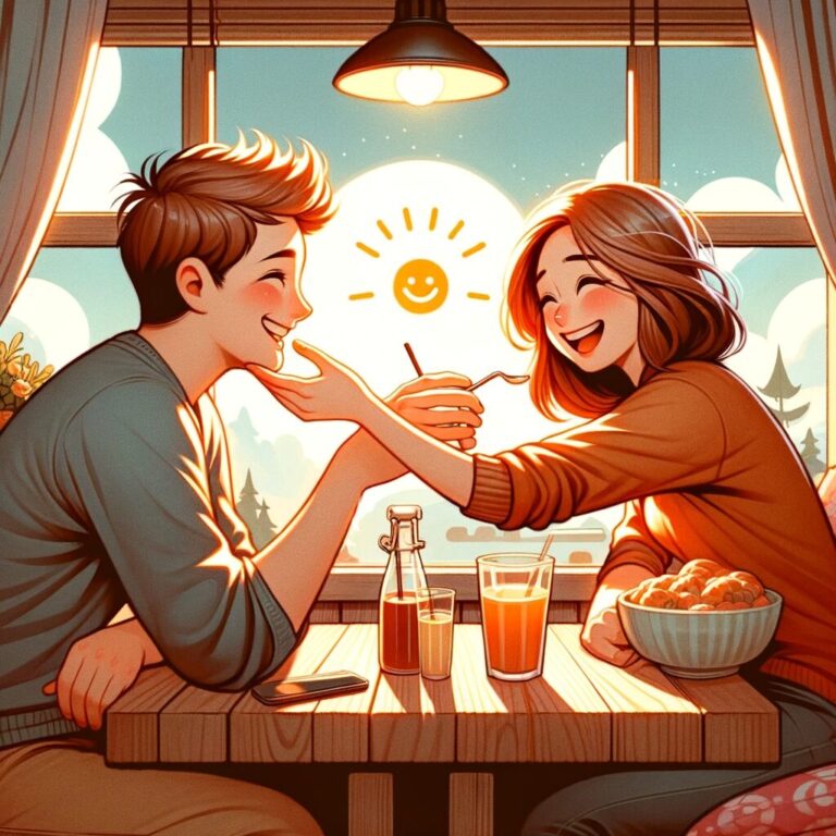 Pareja sonriente compartiendo comida en cafetería.