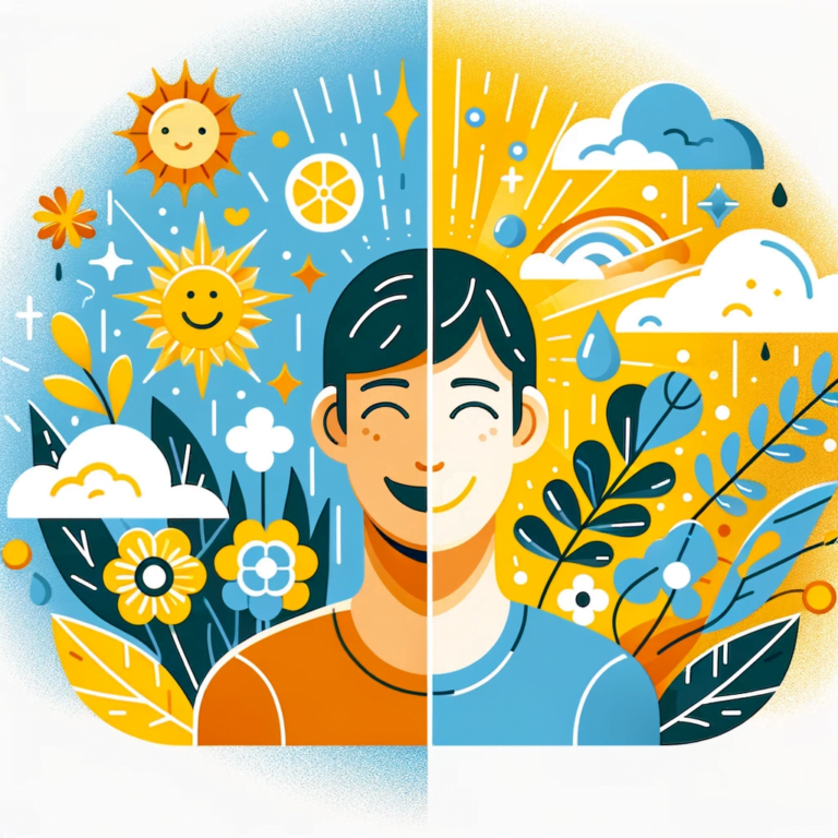 Ilustración persona con clima soleado y lluvioso.