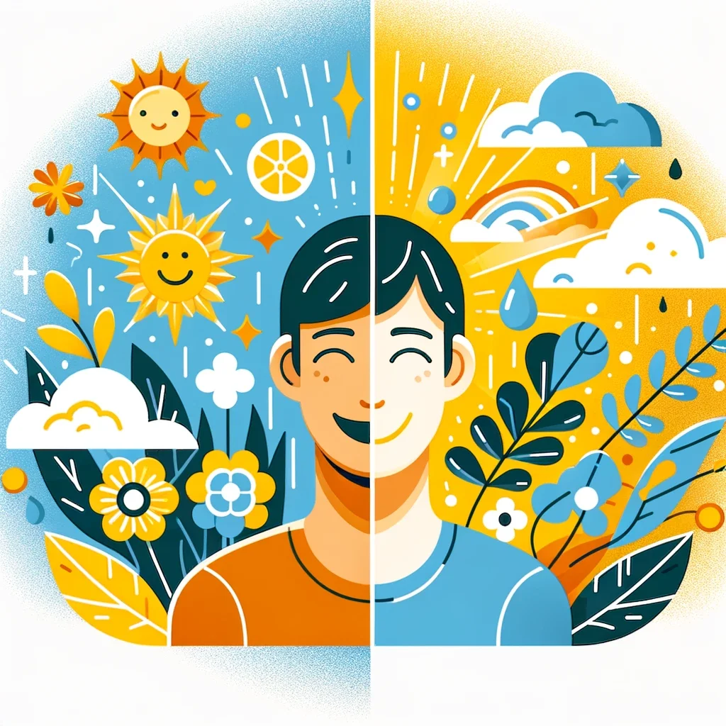 Ilustración persona con clima soleado y lluvioso.