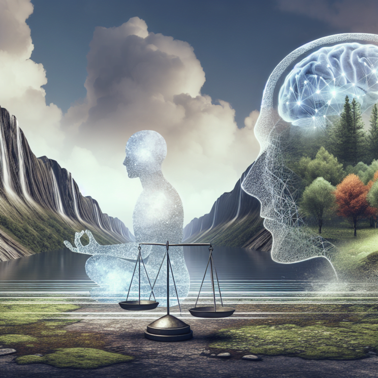 Silueta humana, balanza, cerebro y naturaleza.