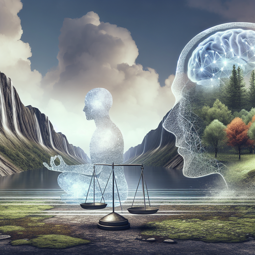 Silueta humana, balanza, cerebro y naturaleza.