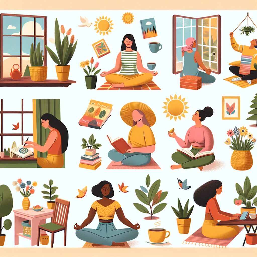 Ilustración de mujeres relajándose y leyendo en casa.