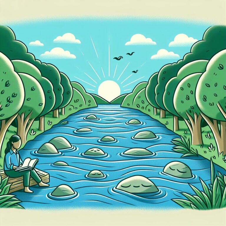 Ilustración de río y persona leyendo en naturaleza.