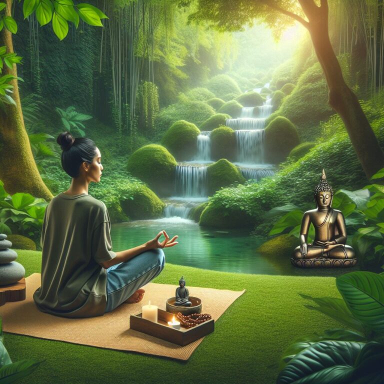 Mujer meditando en bosque zen.