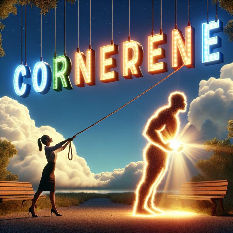 Mujer tirando de cuerda luminosa con figura brillante.