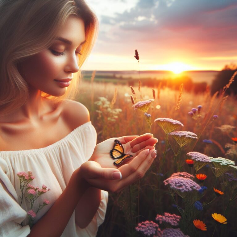 Mujer con mariposa en atardecer campestre.