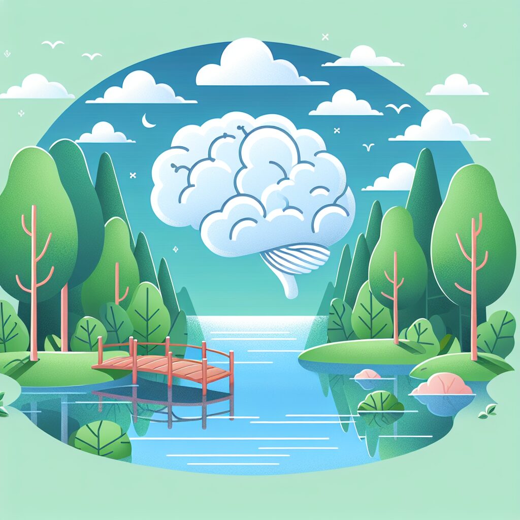 Ilustración paisaje con lago, árboles y nubes.