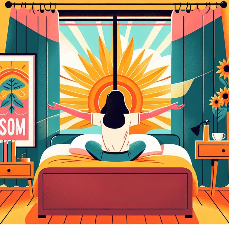 Mujer estirándose en cama soleada.