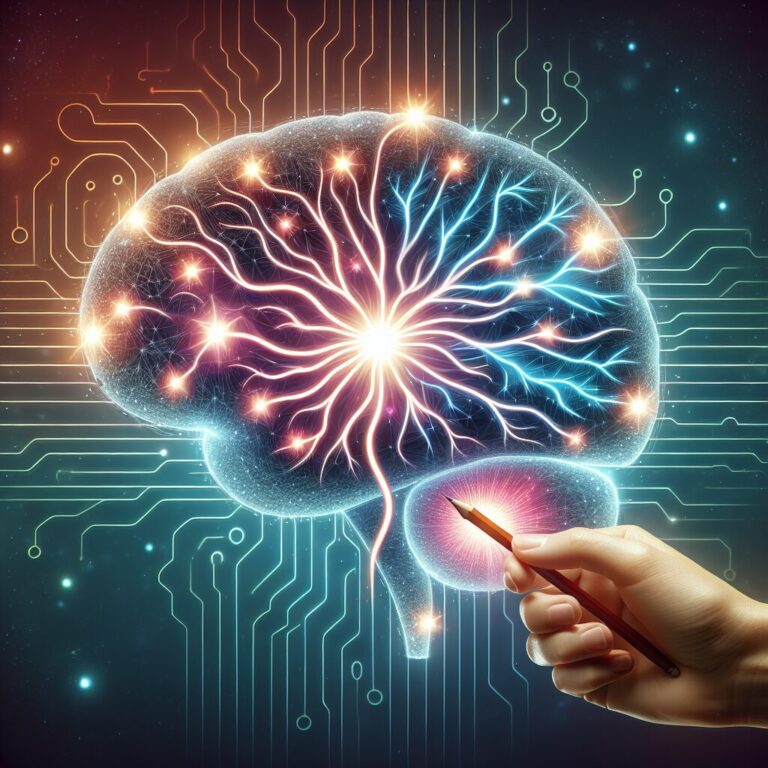 Ilustración cerebro humano con circuitos y sinapsis.