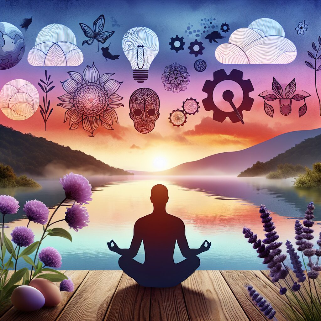 Silueta meditando, amanecer y elementos espirituales.