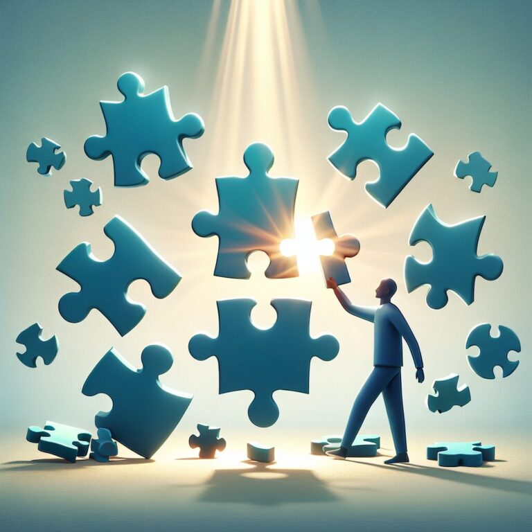 Hombre con pieza de rompecabezas brillante.