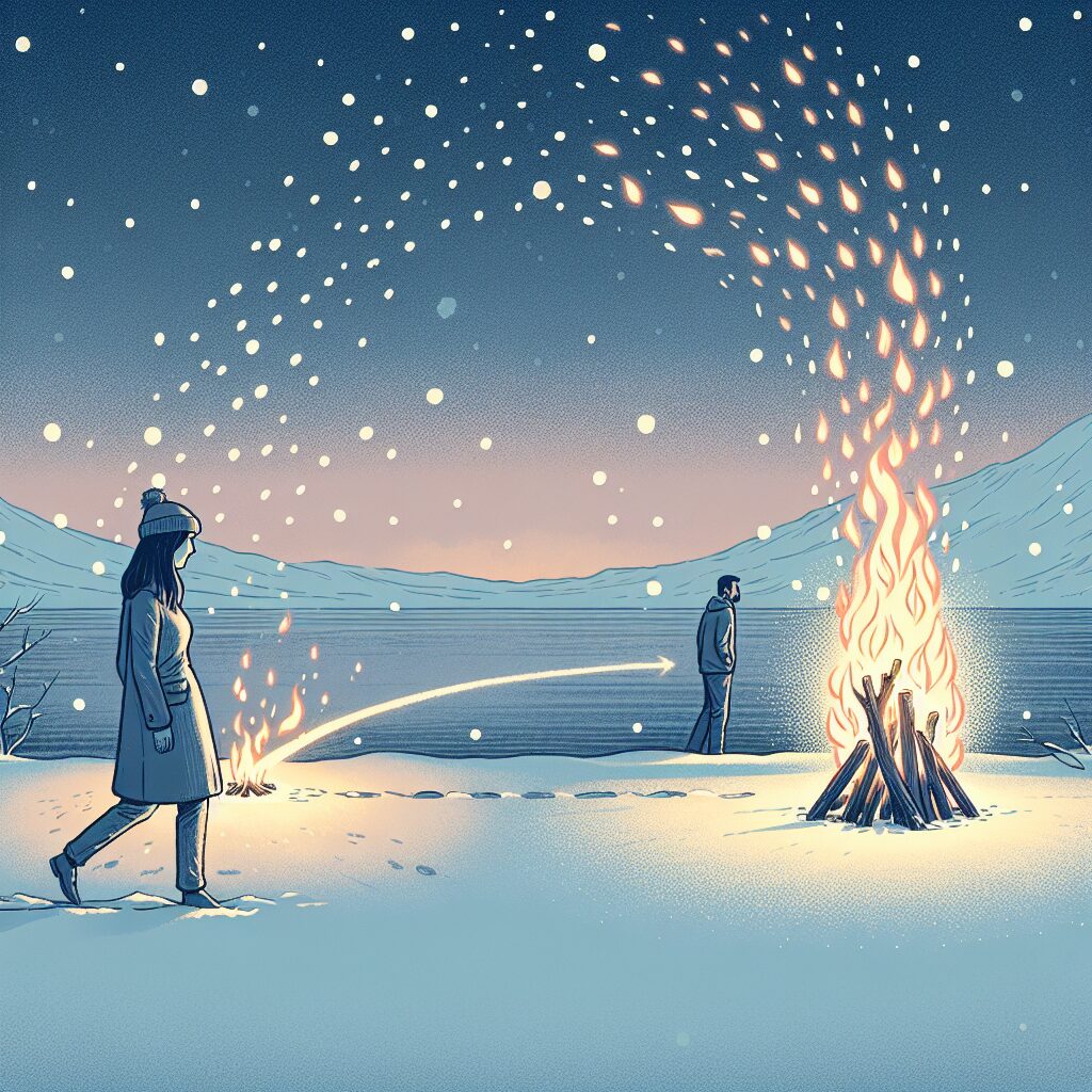 Fogata nocturna en paisaje nevado con personas.