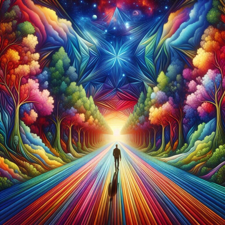 Paisaje psicodélico colorido con figura humana