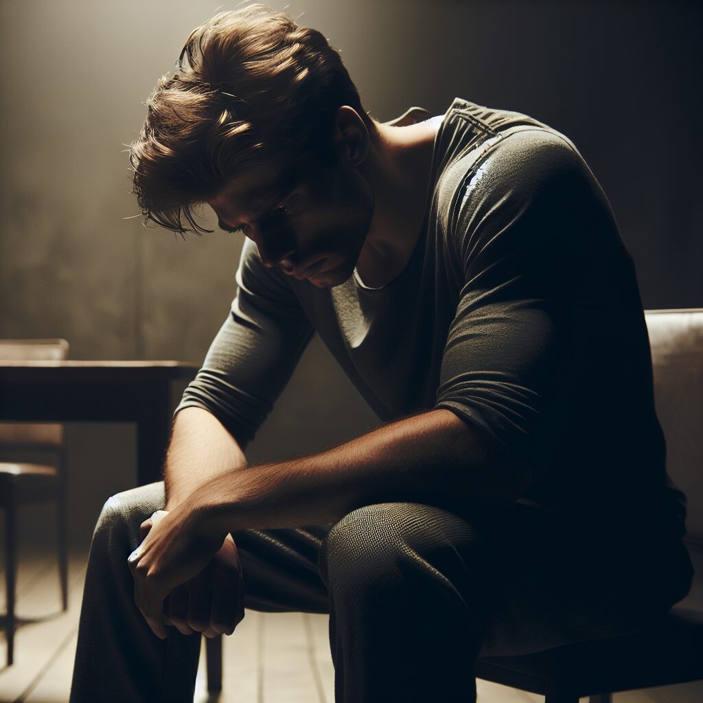 Hombre sentado pensativo en habitación oscura