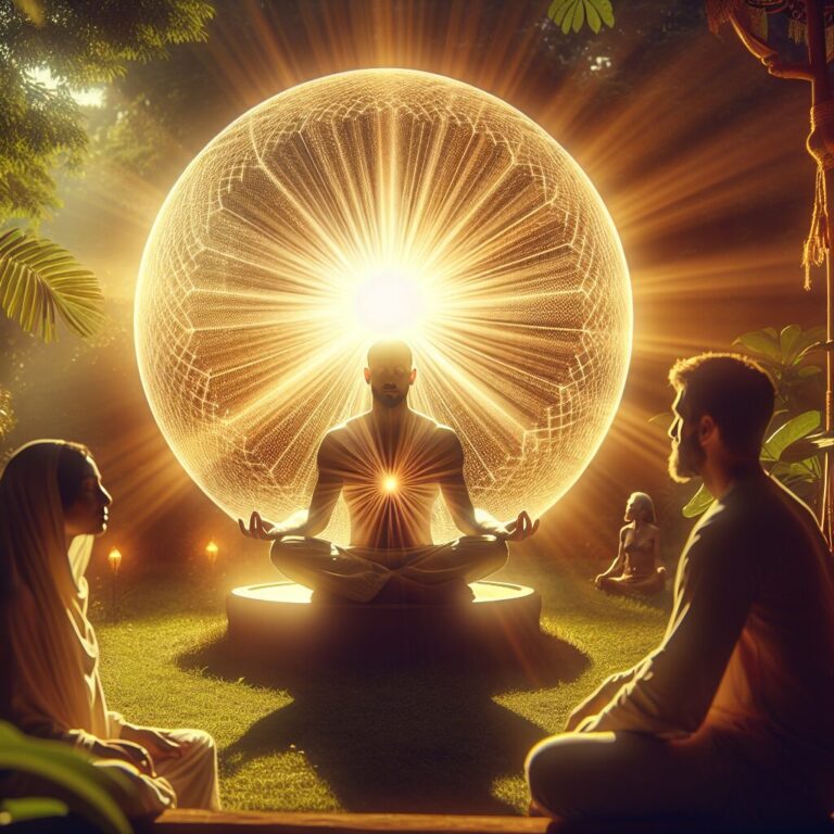 Meditación energética en entorno natural iluminado.