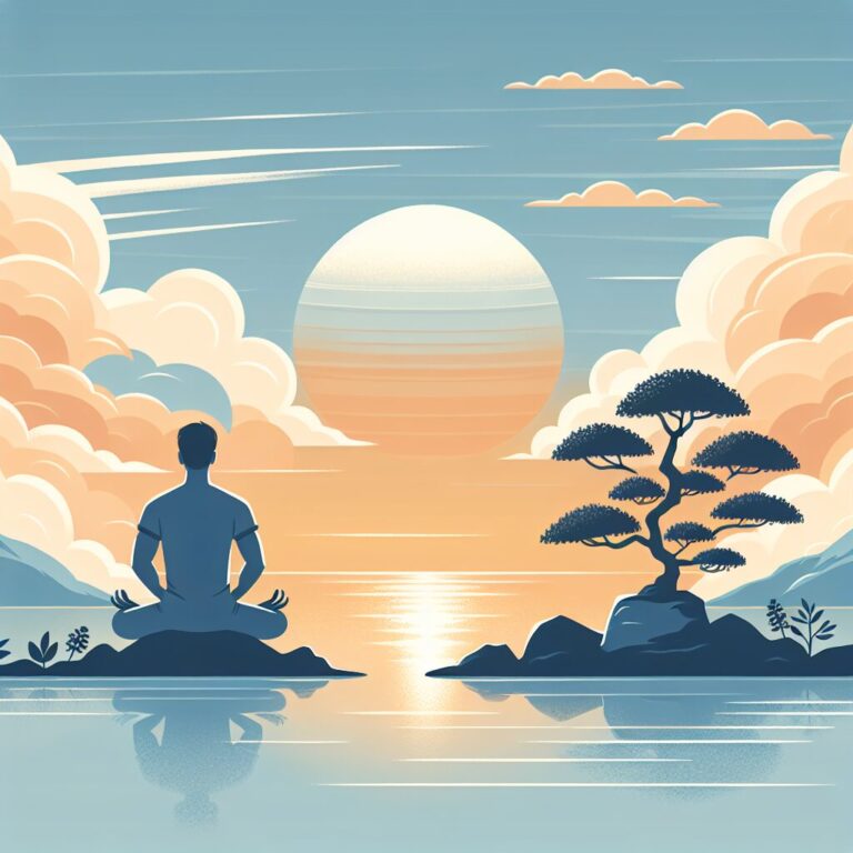 Persona meditando paisaje tranquilo al amanecer.