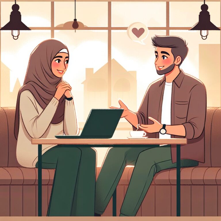 Pareja conversando en cafetería ilustrada.