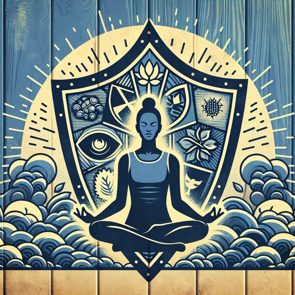 Mural ilustrado con mujer meditando y símbolos esotéricos.