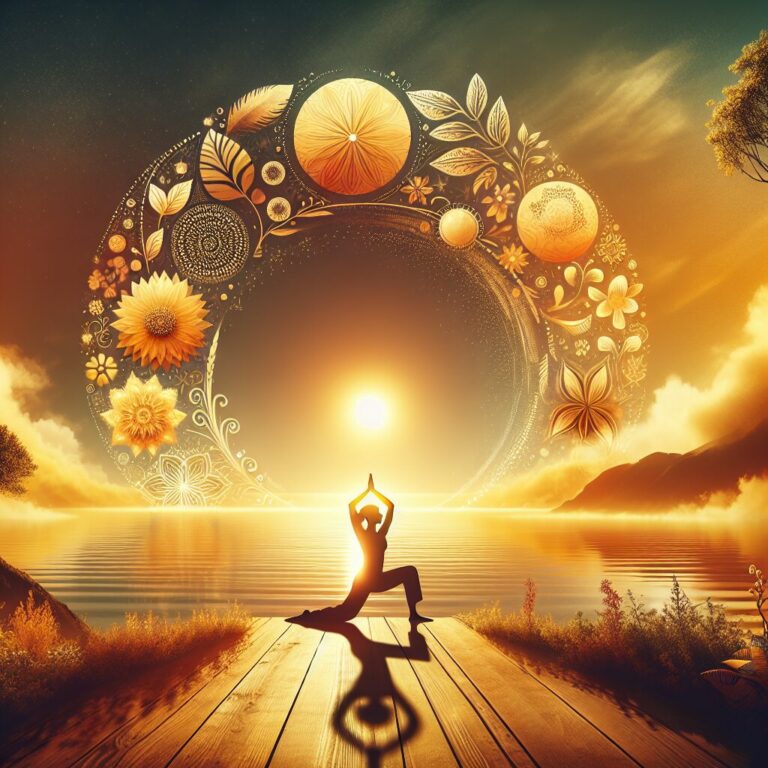 Yoga al atardecer, arte floral cósmico.