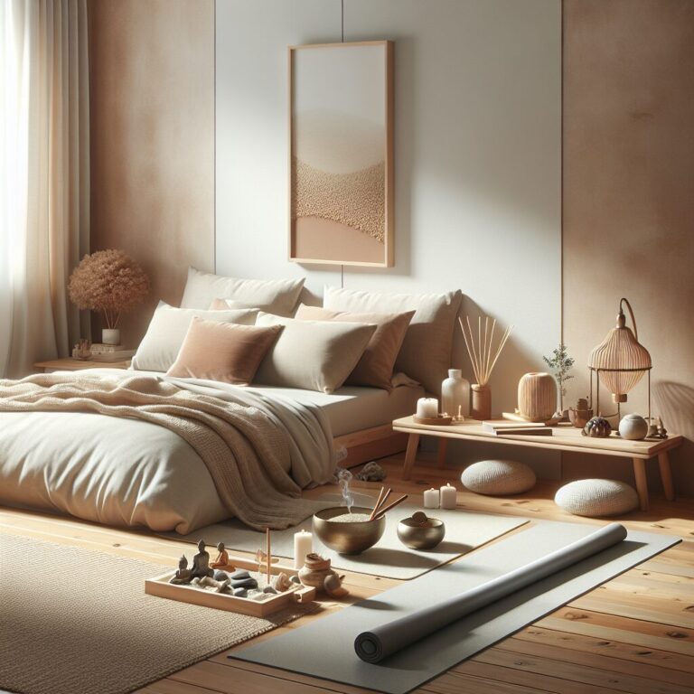 Dormitorio minimalista y tranquilo en tonos neutros.