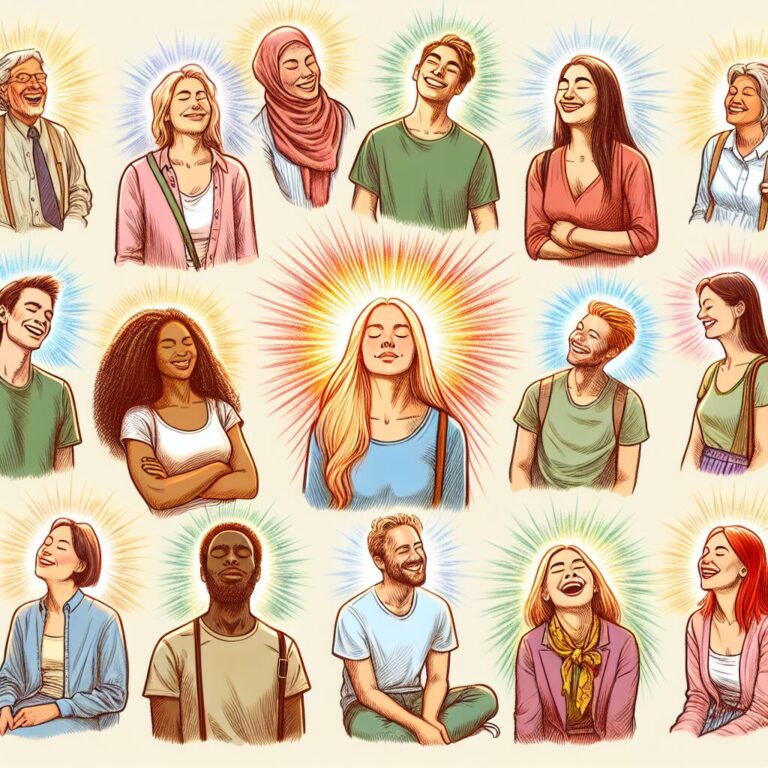Diversas personas sonriendo con aura colorida.
