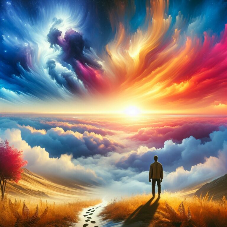 Persona ante paisaje surrealista colorido al atardecer.