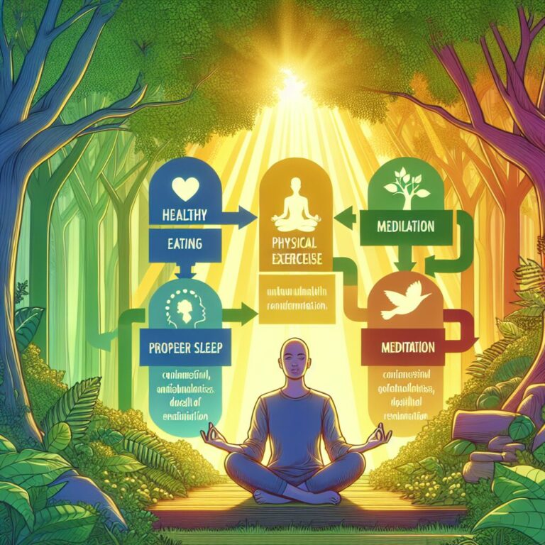 Ilustración de bienestar con meditación y hábitos saludables.