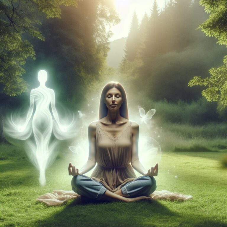 Mujer meditando en bosque iluminado y místico.