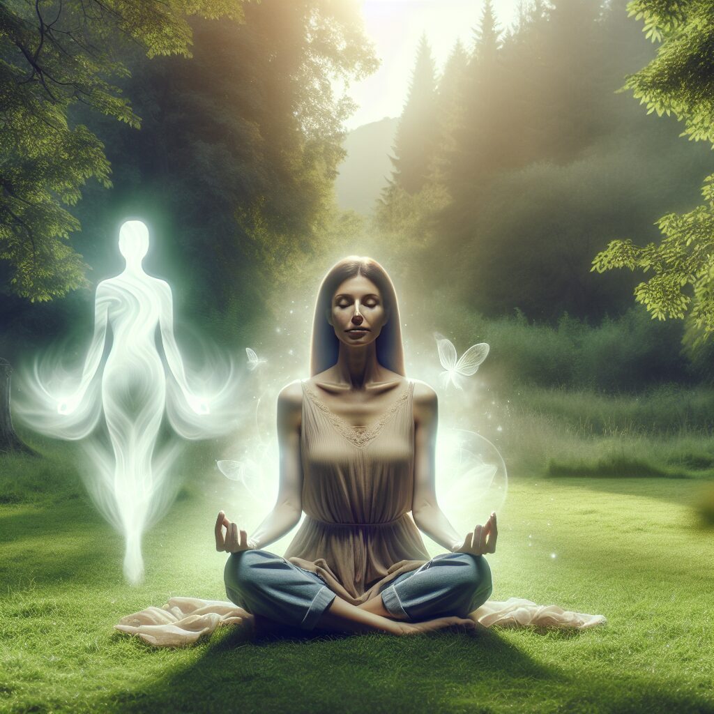 Mujer meditando en bosque iluminado y místico.