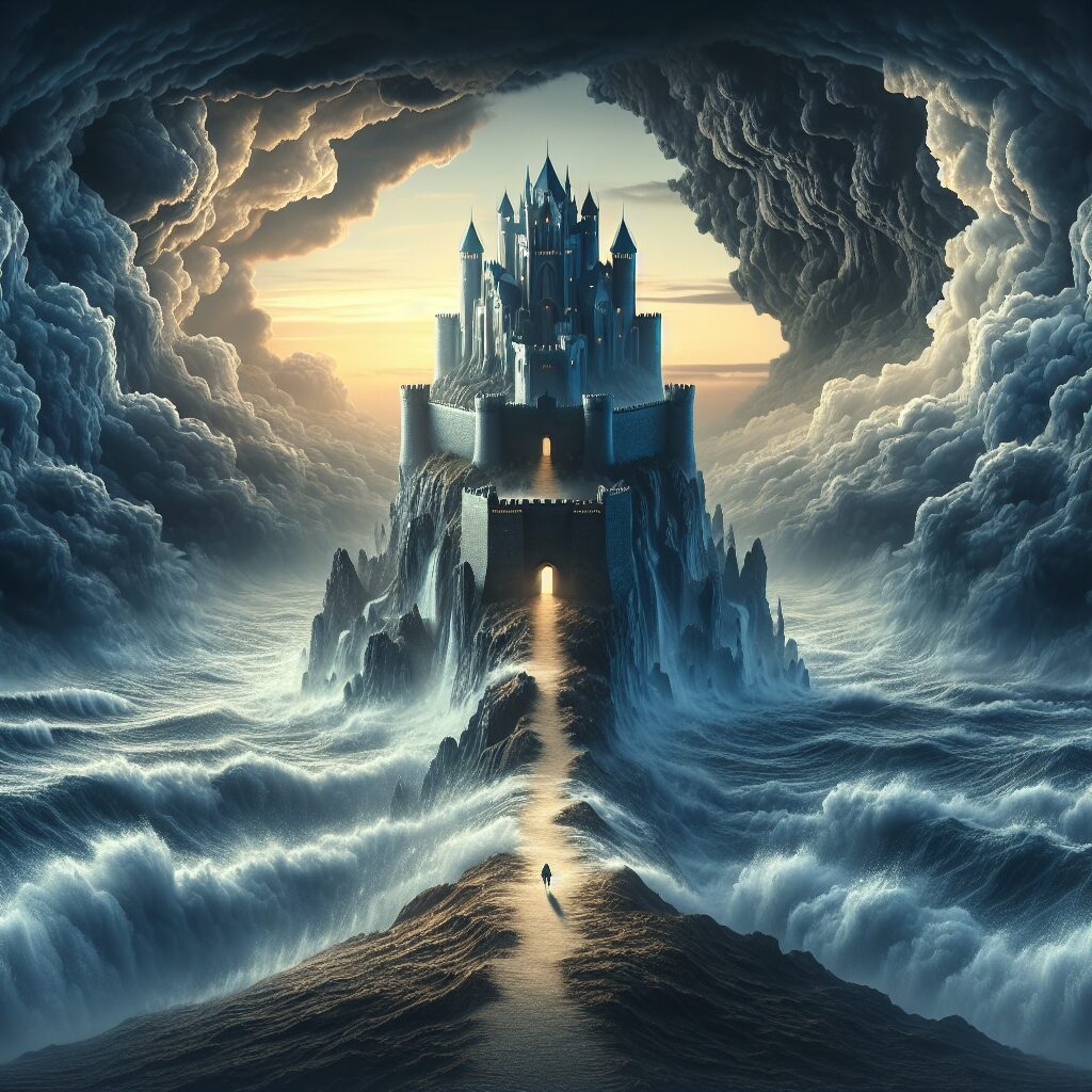 Castillo fantástico entre nubes y mar.