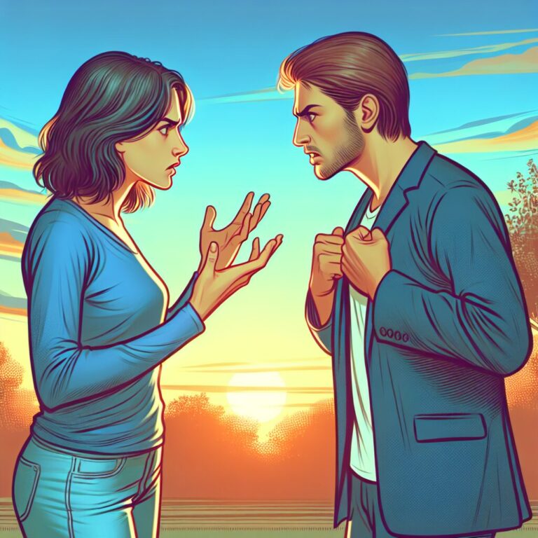 Pareja discutiendo intensamente al atardecer.