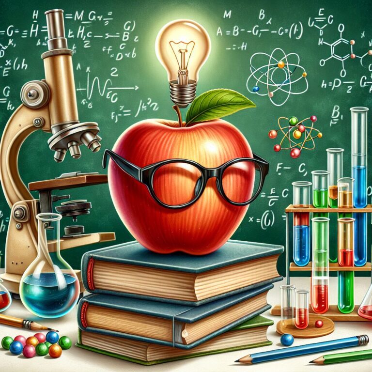 Manzana con gafas, libros y material de laboratorio.