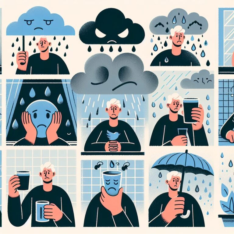 Ilustración personas y nubes lluviosas.