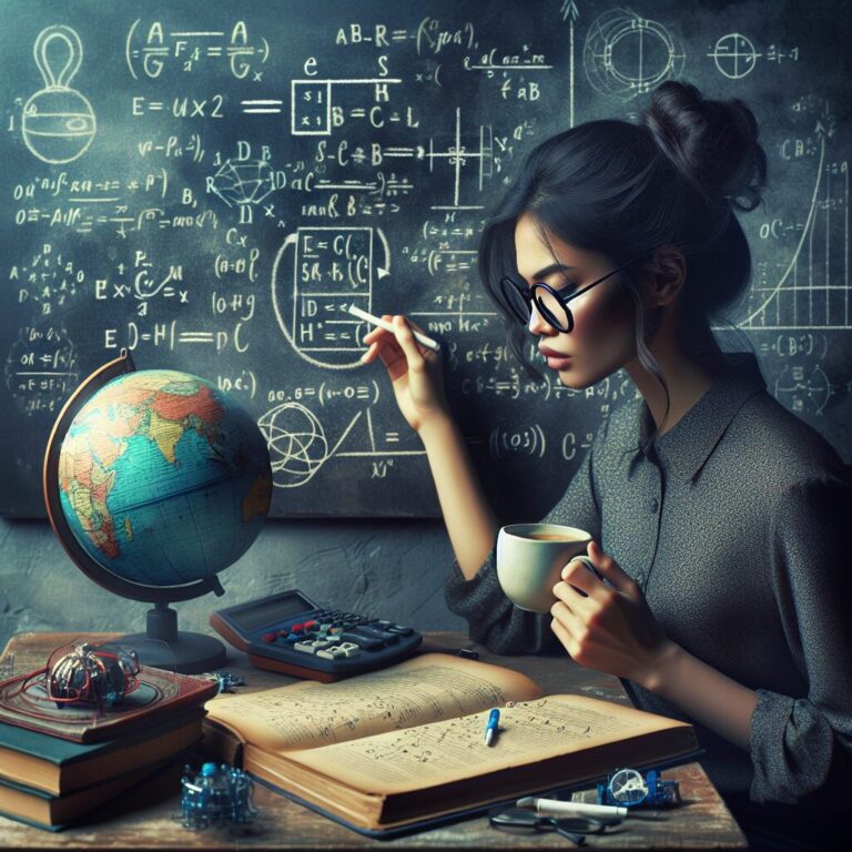 Mujer estudiando matemáticas con libros y globo terráqueo.