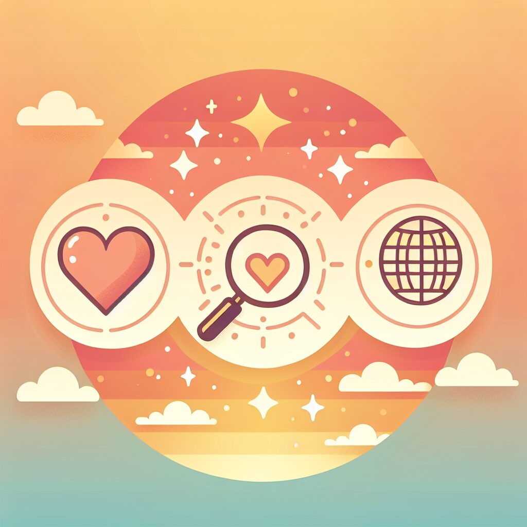 Ilustración abstracta con corazón, lupa y globo.